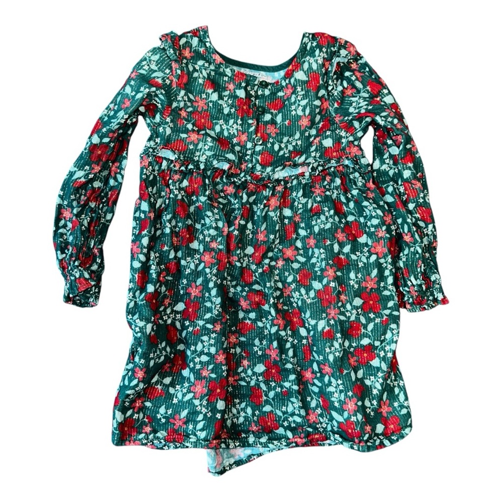 Green, Red, Gold Floral Holiday Dress, Size 4T Girls, Like New